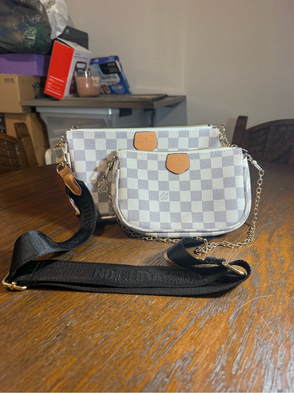 Louis Vuitton Checkered White Crossbody Pouch Set with Black Strap
